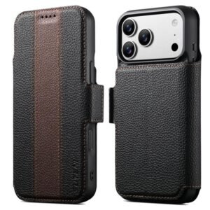Capa Suteni Q08 2 em 1 Multifuncional com Carteira Magnética e Estampa de Lichia em Couro Vegano para iPhone 17 Pro Max (Marrom)