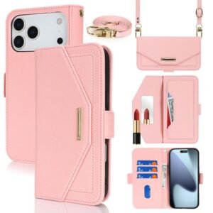 Capa de celular transversal em couro com textura cruzada para iPhone 17 Pro Max (Rosa)