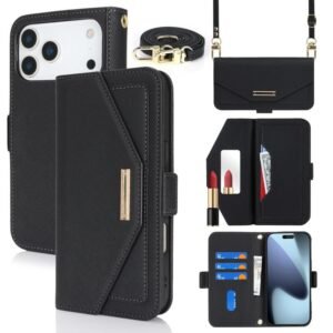 Capa de celular transversal em couro com textura cruzada para iPhone 17 Pro Max (preta)