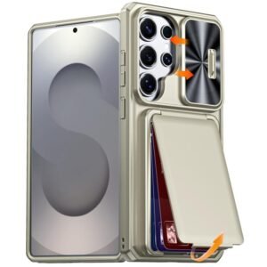 Capa Híbrida PC + TPU com Porta-Cartão e Proteção Deslizante da Câmara para Samsung Galaxy S25 Ultra 5G – Dourado Titânio