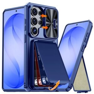 Capa Híbrida PC + TPU com Porta-Cartão e Proteção Deslizante da Câmara para Samsung Galaxy S26 Ultra 5G – Azul