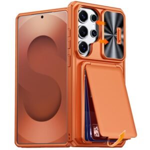 Capa Híbrida PC + TPU com Porta-Cartão e Proteção Deslizante de Câmara para Samsung Galaxy S25 Ultra 5G – Laranja