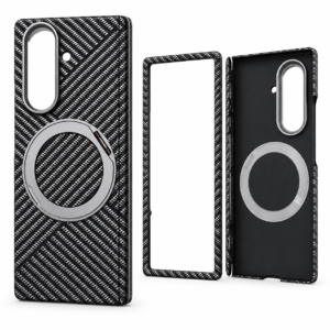 Capa com Textura de Fibra de Carbono e Suporte de Anel Magnético para Samsung Galaxy Z Fold7