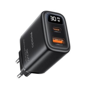 Carregador Rápido Yesido YC121 30W GaN USB-A USB-C com Visor Digital — Plugue UE Preto