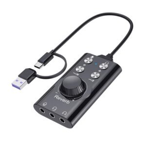 Placa de Som Externa USB Tipo-C 7.1 Virtual com Trocador de Voz e Entradas de 3,5 mm