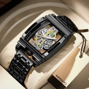 Relógio Masculino BINBOND B5011 Gear Hollow Preto com Pulseira de Aço